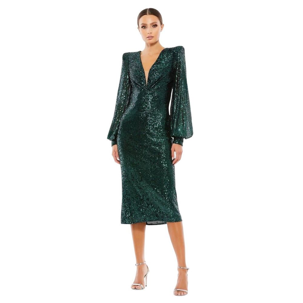 Mac Duggal 26866 Emerald Green Sequin Long Sleeve Plunge Midi Dress Size 6 $398